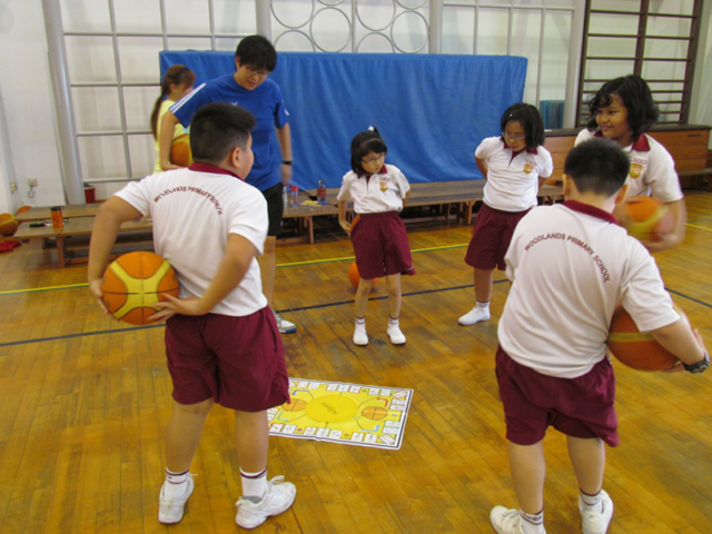 Students surrounding Basketball Skillastics mini mat completing Basketball drills.