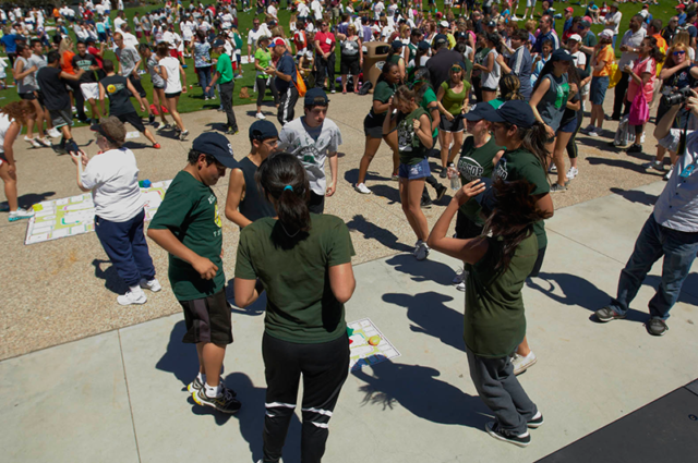 100 students playing Skillastics outdoors at Physical Activity Event